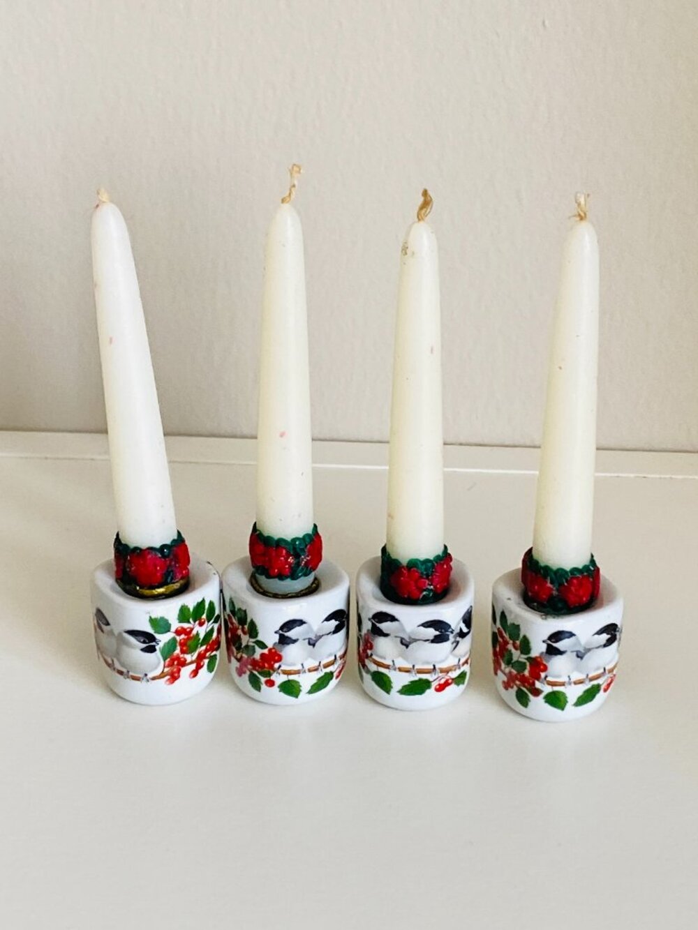 Vintage Four Seasons Design Germany Chickadee Milk Glass Candle Holders Set 4
